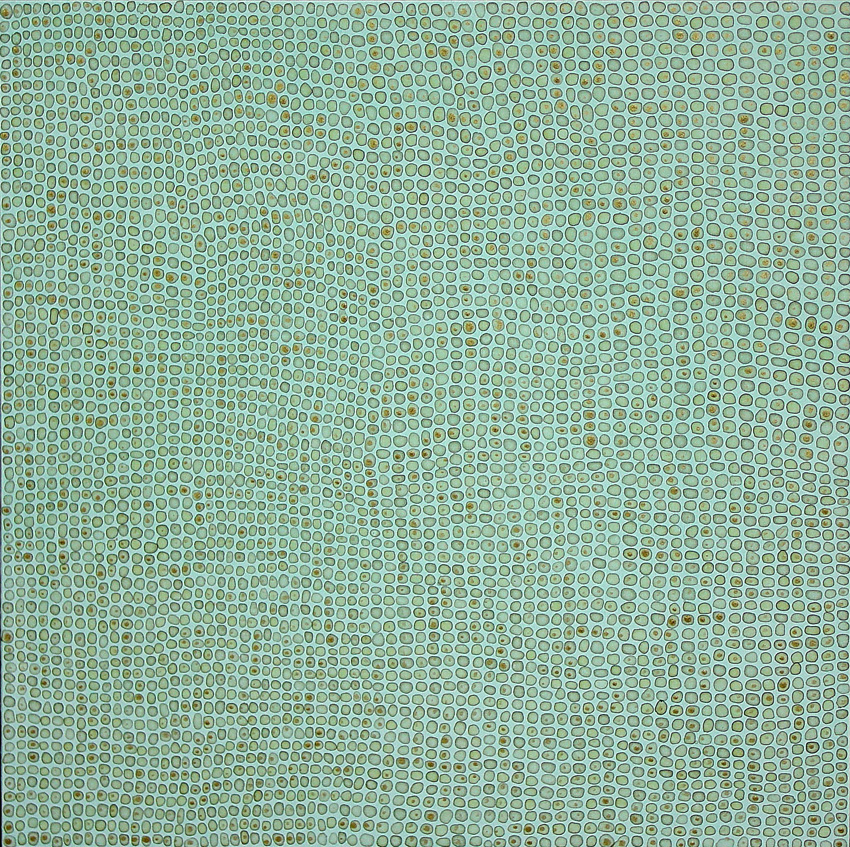 Untitled #431 2006. 4.225 gotas. azul turquesa y oro sobre tabla 91x91 cm